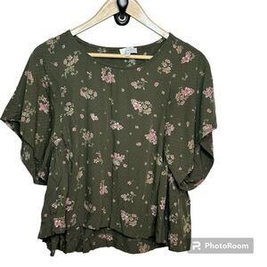 Lucky Brand Boho Textured Flutter Sleeve Olive Green Top Size XS